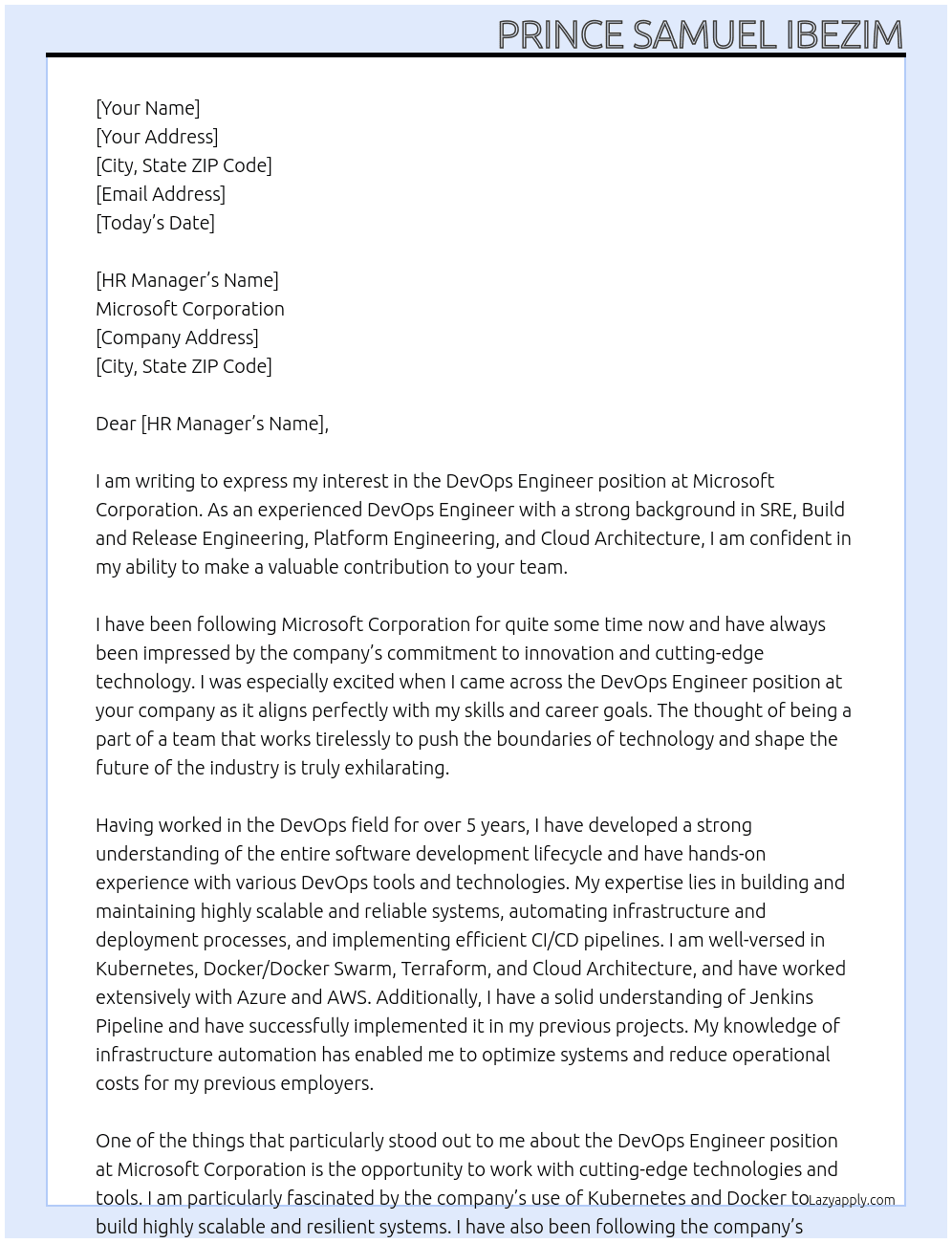 Devops Engineer At Microsoft Corporation Cover Letter