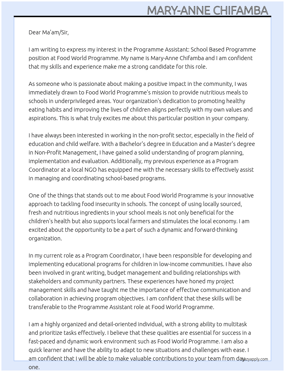Programme Assistant: School Based Programme At Food World Programme  Cover Letter