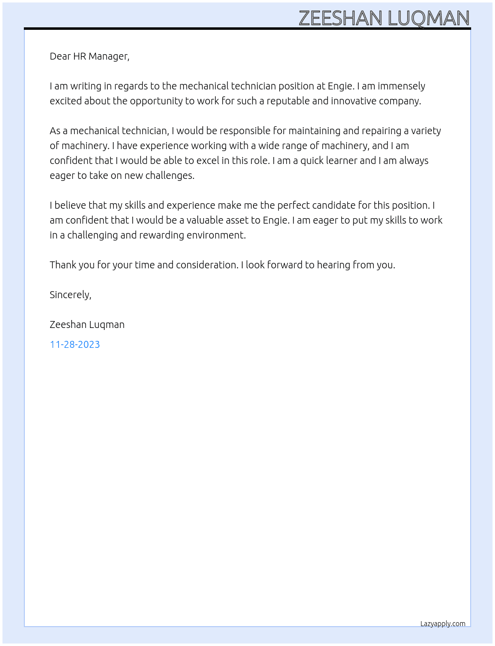 mechanical technician At Engie Cover Letter