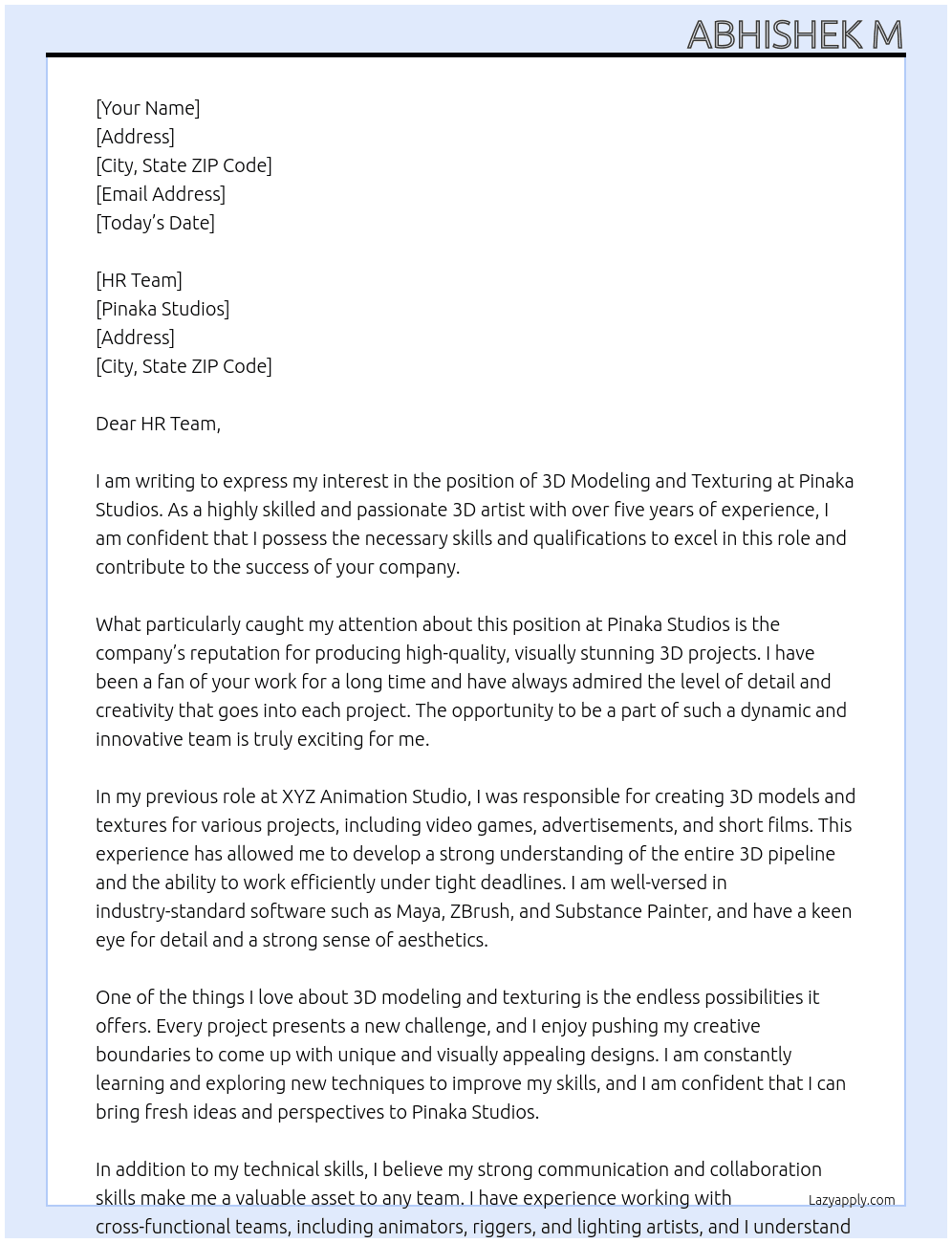 3D Modeling And Texturing At Pinaka studios Cover Letter
