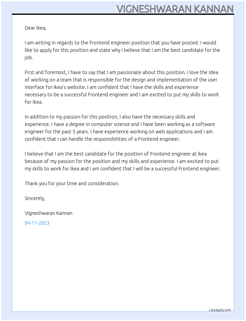 Frontend engineer At Ikea Cover Letter