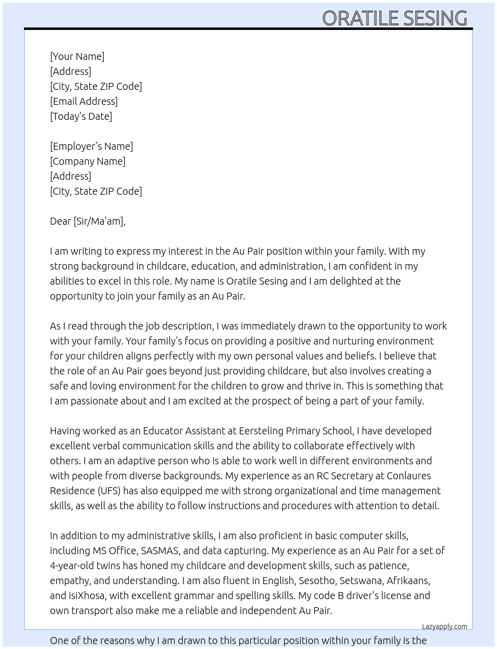 Au PAir  At your family  Cover Letter