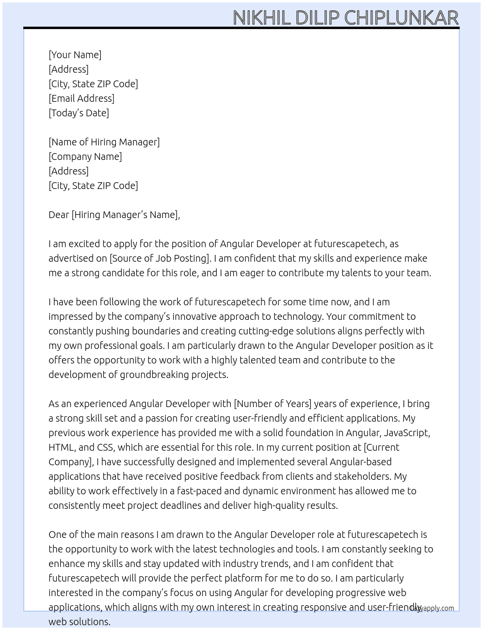 Angular Developer At futurescapetech Cover Letter
