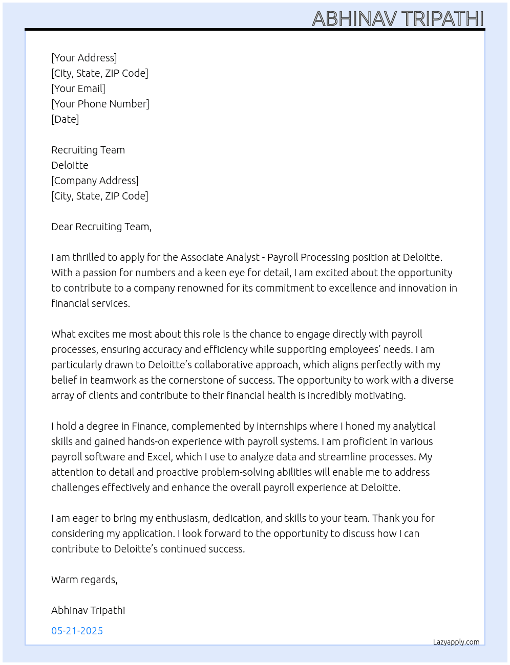 Associate Analyst- Payroll Processing At Deloitte Cover Letter