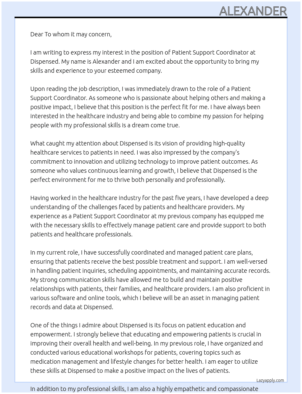 Patient Support Coordinator  At Dispensed Cover Letter
