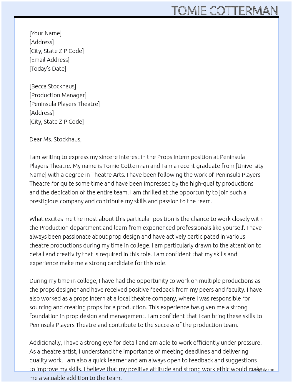 Props intern At Peninsula Players Theatre Cover Letter