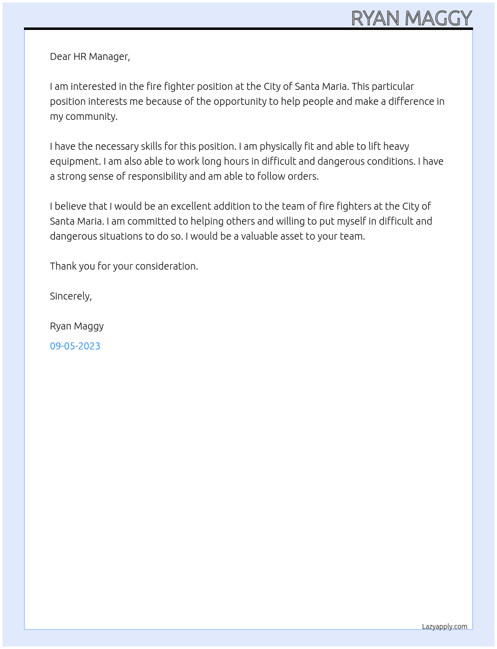 Fire Fighter At City of Santa Maria Cover Letter