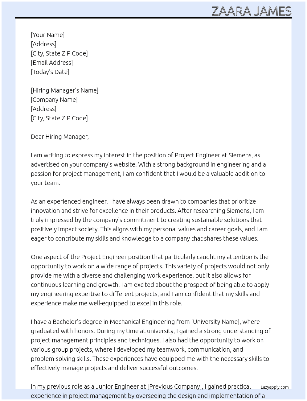  PROJECT ENGINEER At SIEMENS Cover Letter