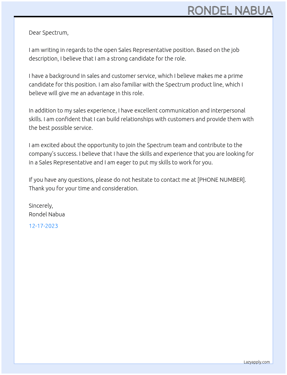 Sales Representative At Spectrum Cover Letter