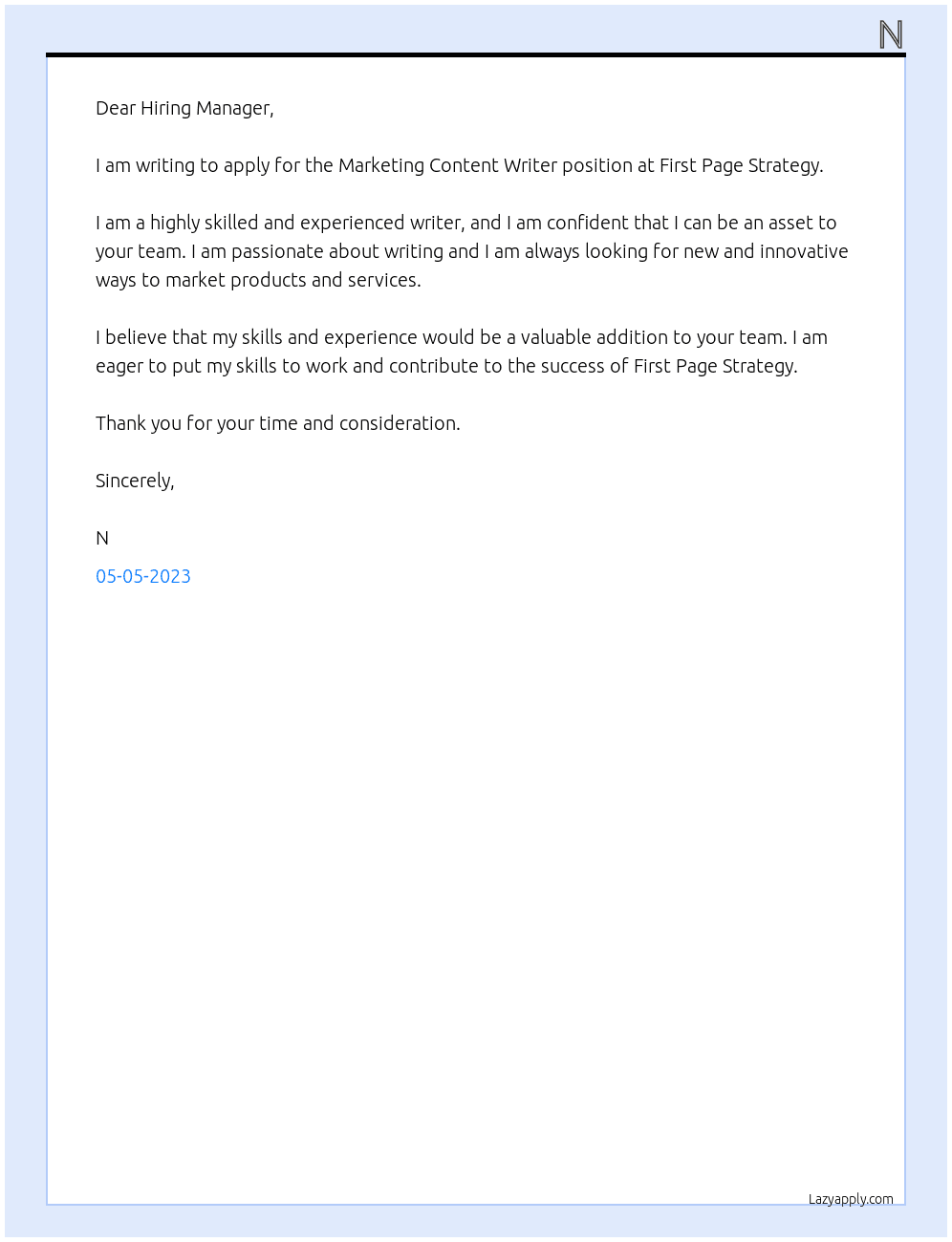 Marketing Content Writer At First Page Strategy Cover Letter
