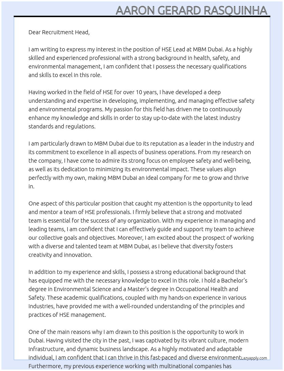 HSE lead At MBM dubai  Cover Letter