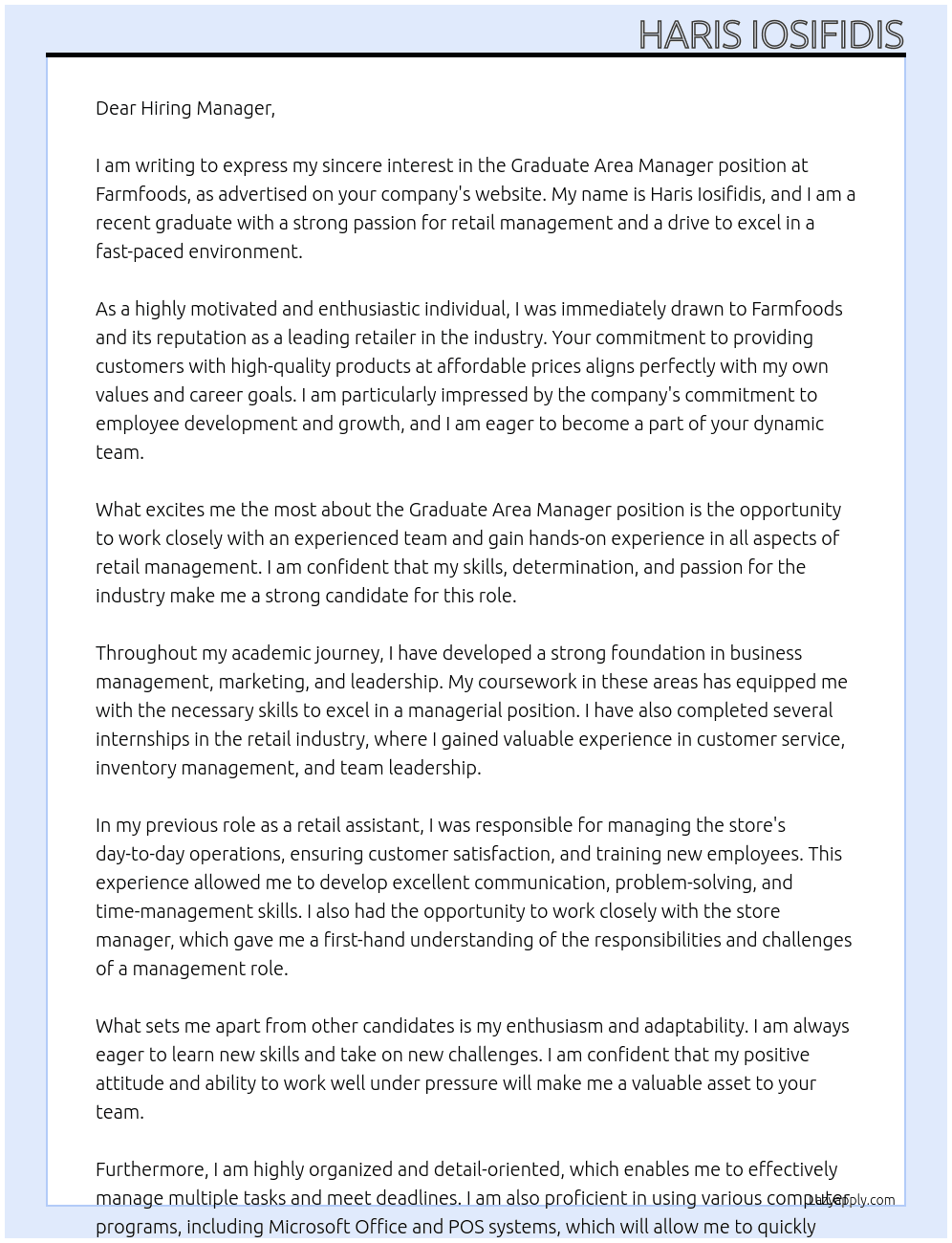 Graduate Area Manager At Farmfoods Cover Letter