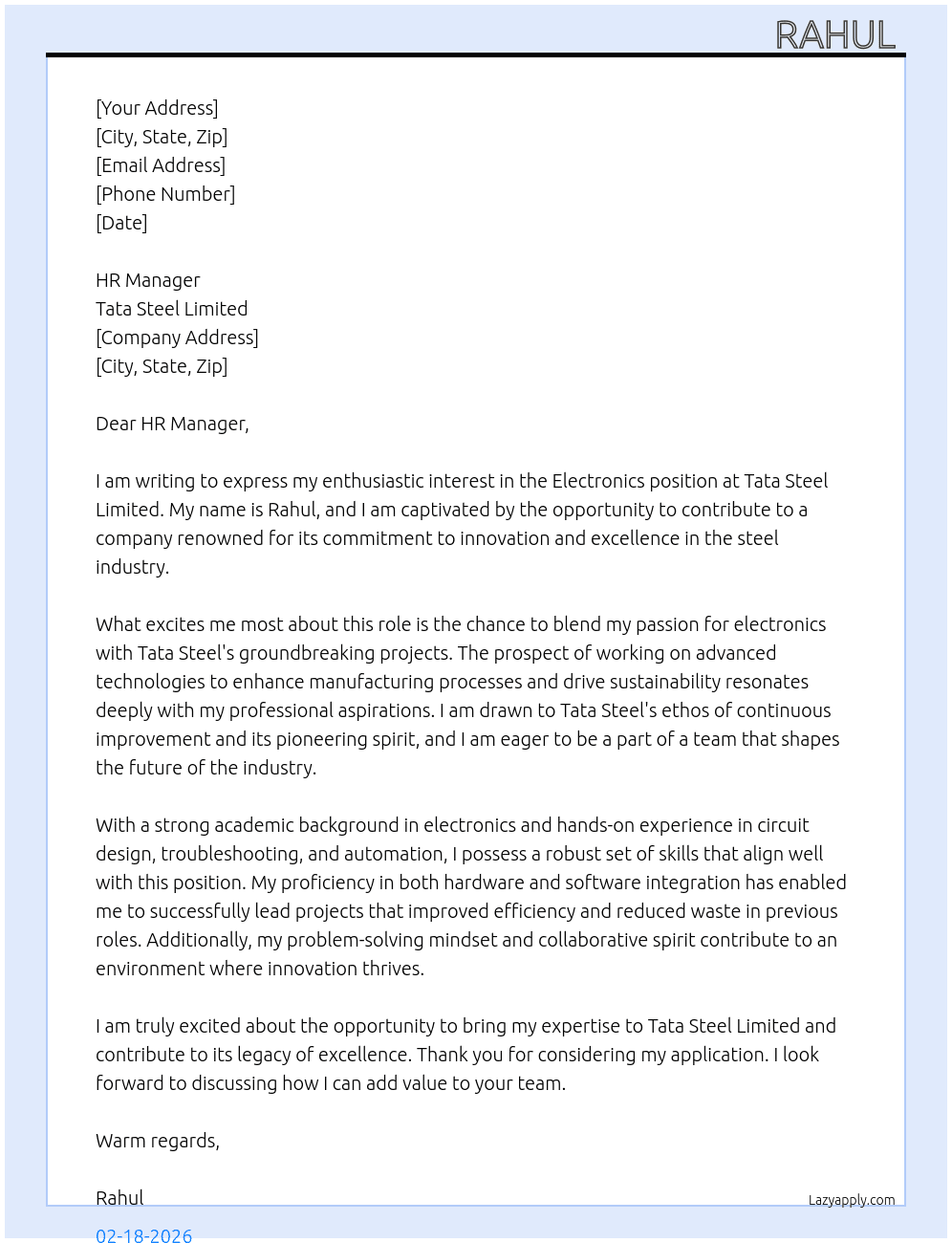 Electronics  At Tata steel limited  Cover Letter