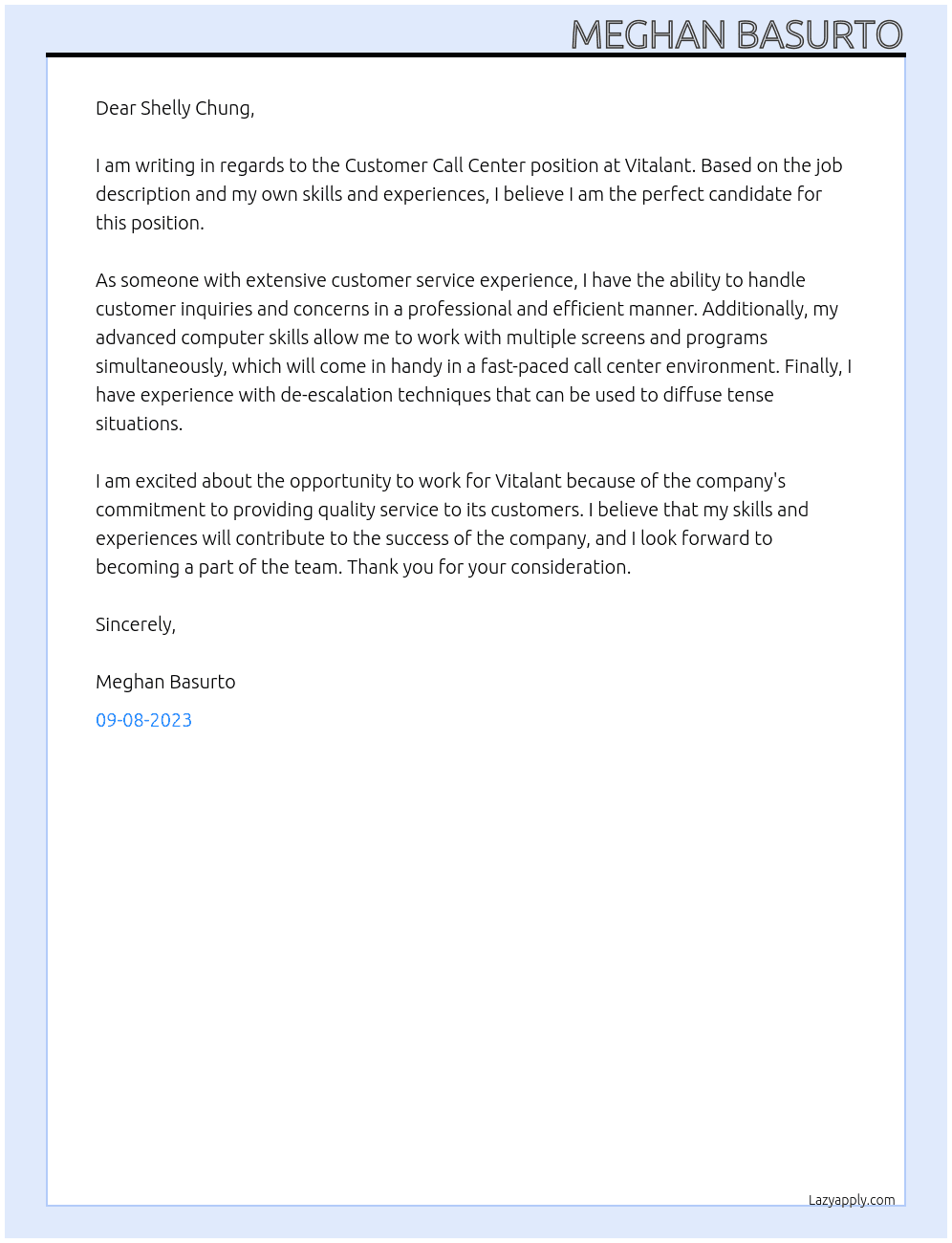 Customer Call Center At Vitalant Cover Letter