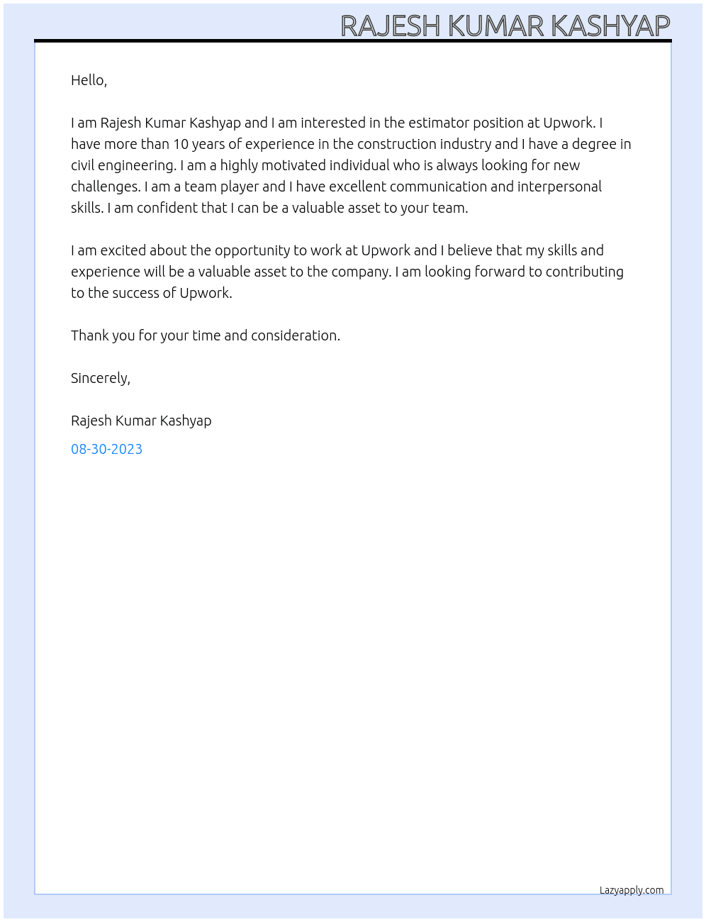 estimator At upwork Cover Letter