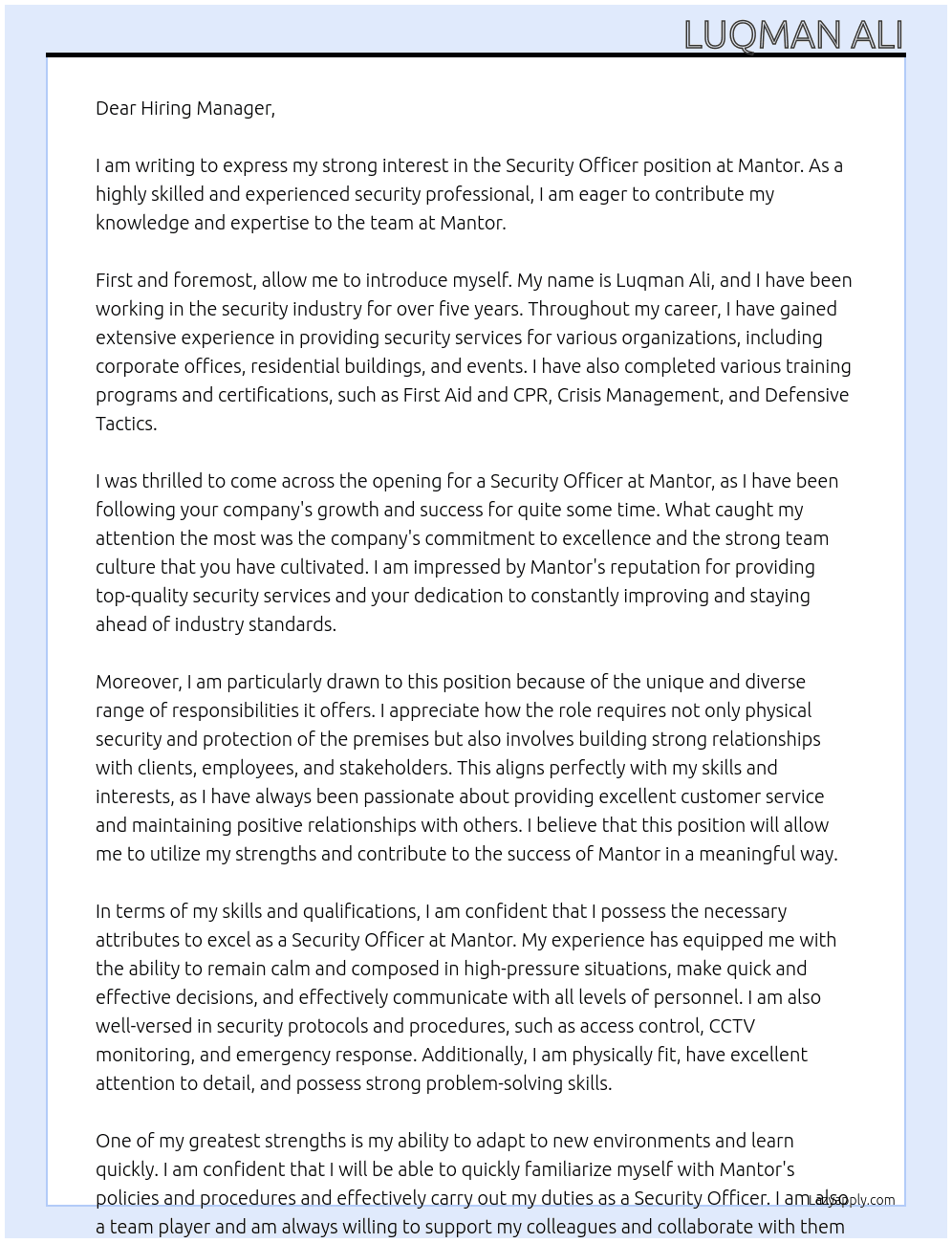 Security Officer  At Mantor Cover Letter