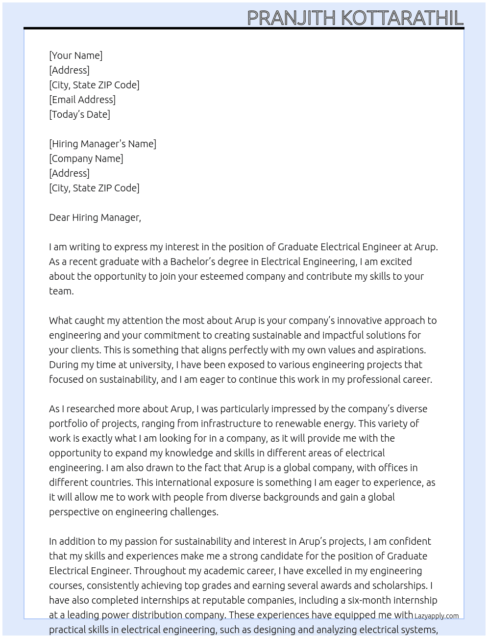 Graduate Electrical Engineer At Arup Cover Letter
