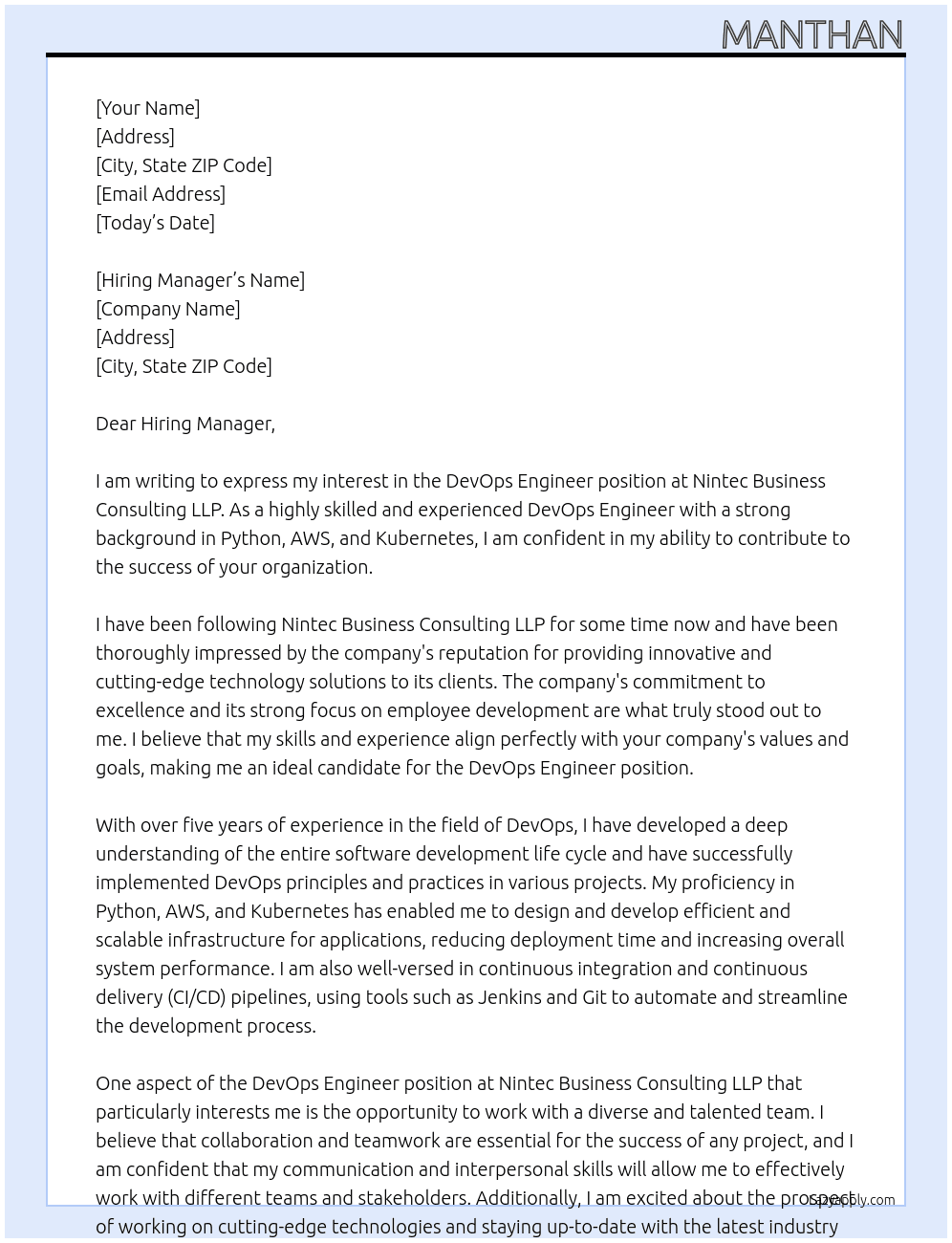 DevOps Engineer At Nintec Business Consulting LLP Cover Letter