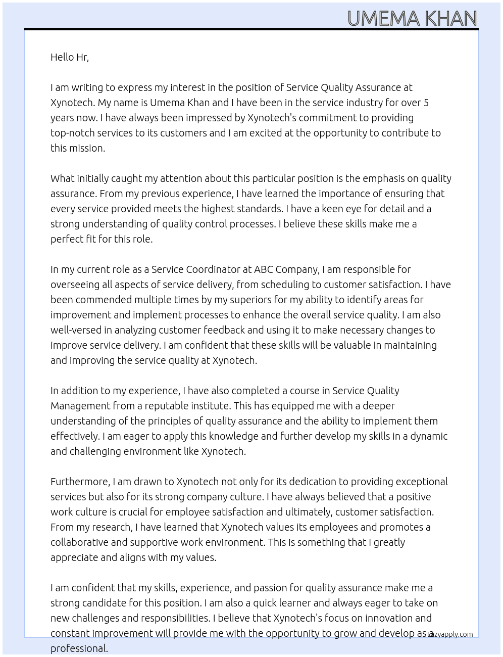 Service Quality Assurance At Xynotech Cover Letter