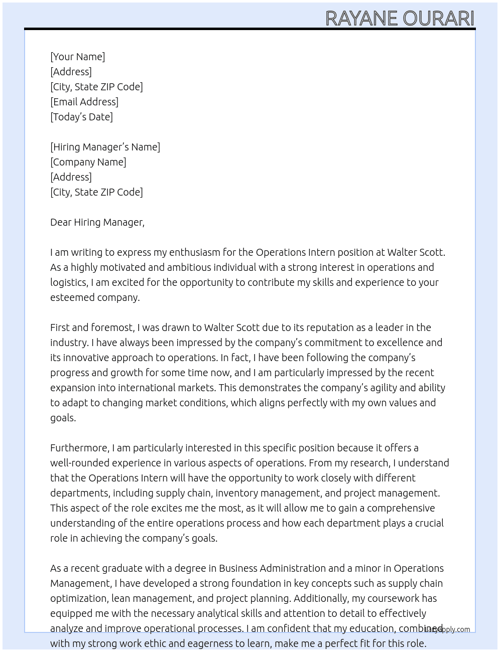 operations intern At Walter scott Cover Letter