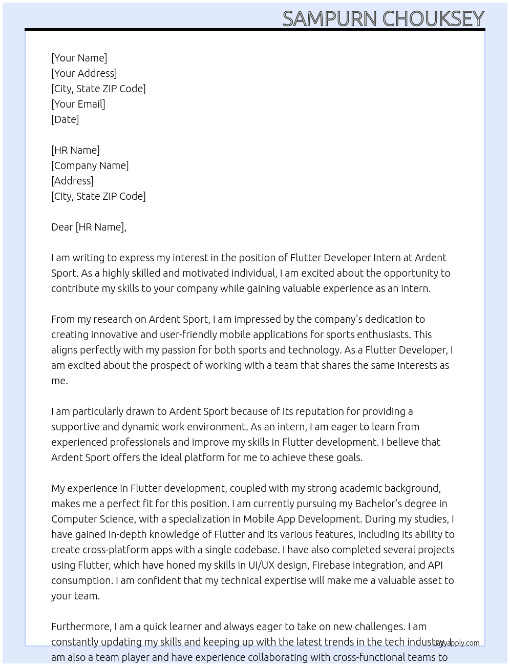 Flutter Developer Intern At Ardent Sport Cover Letter