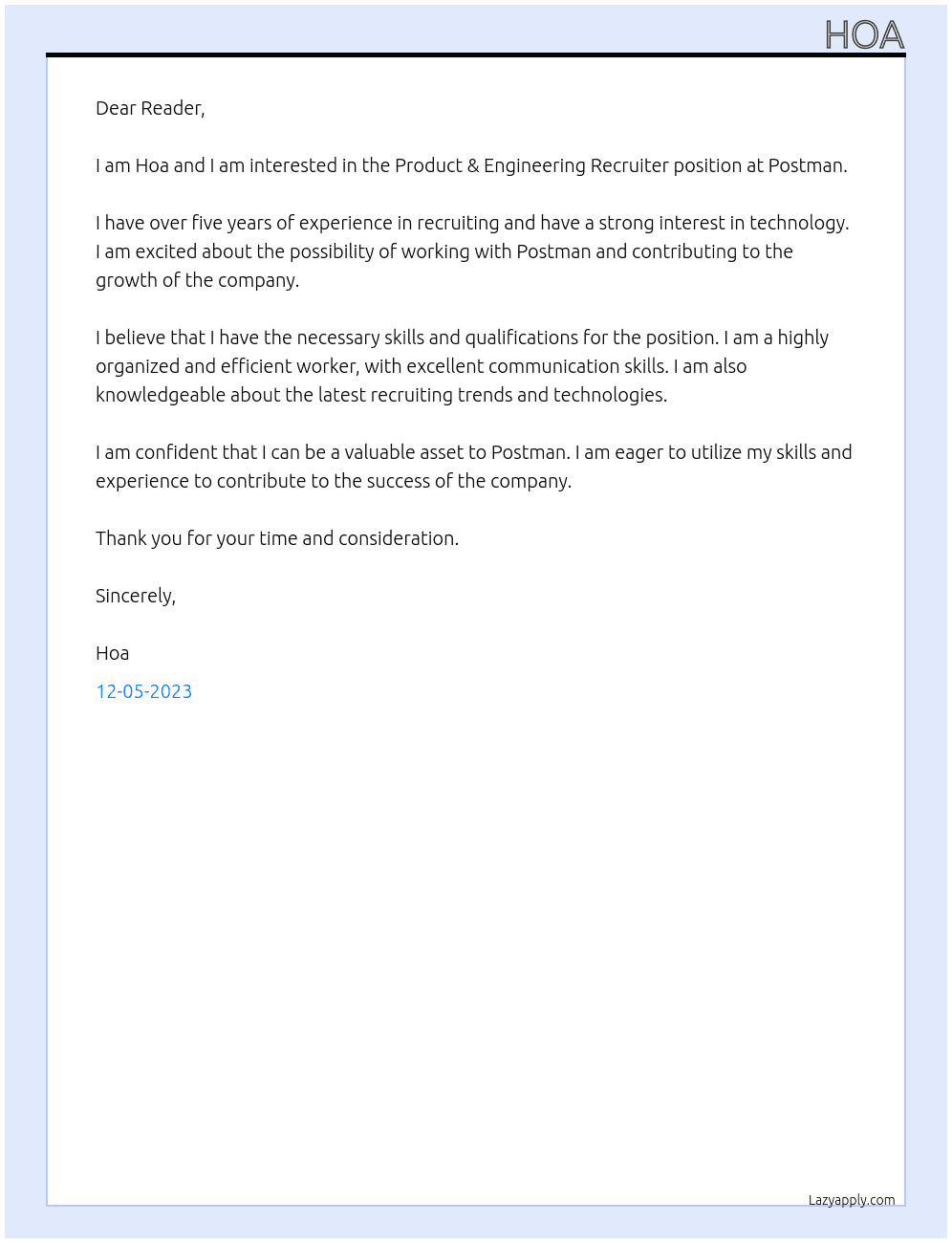 Product & Engineering Recruiter At Postman Cover Letter