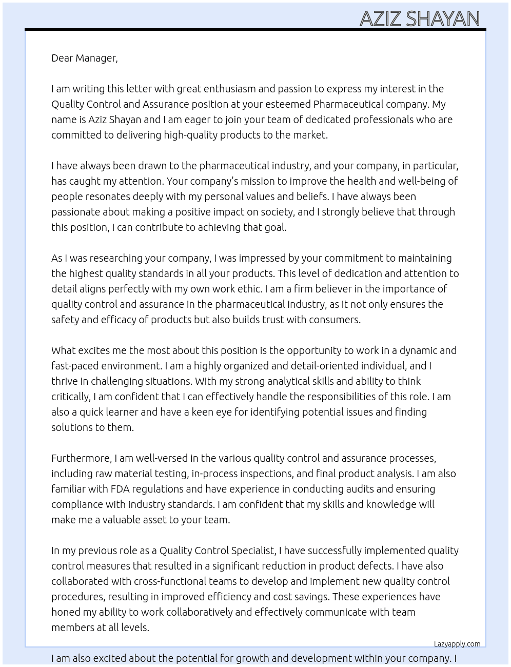 Quality control and Assurance  At Pharmaceutical company  Cover Letter