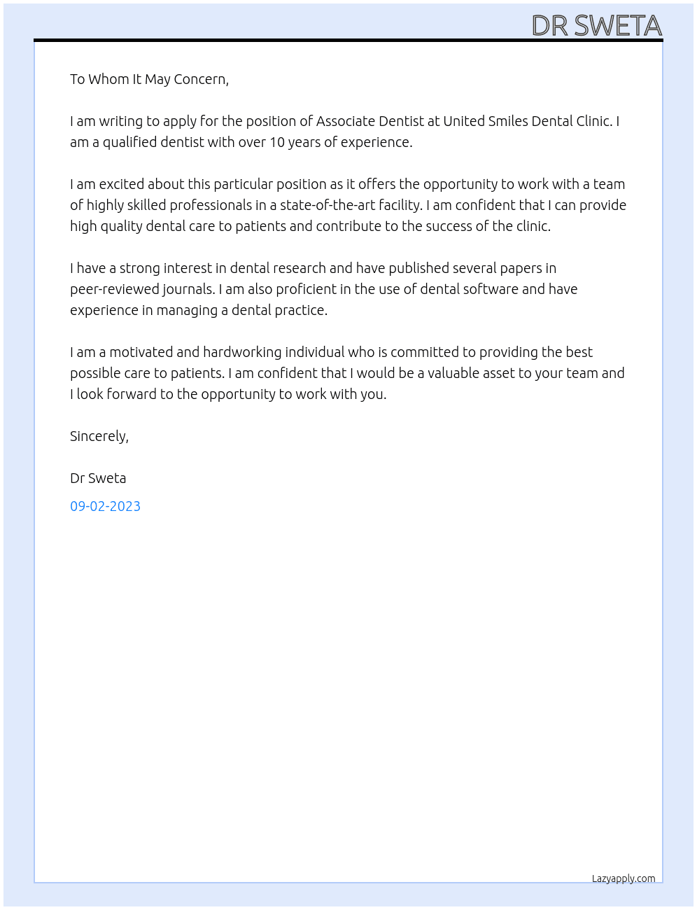Associate dentist At United Smiles Dental Clinic Cover Letter