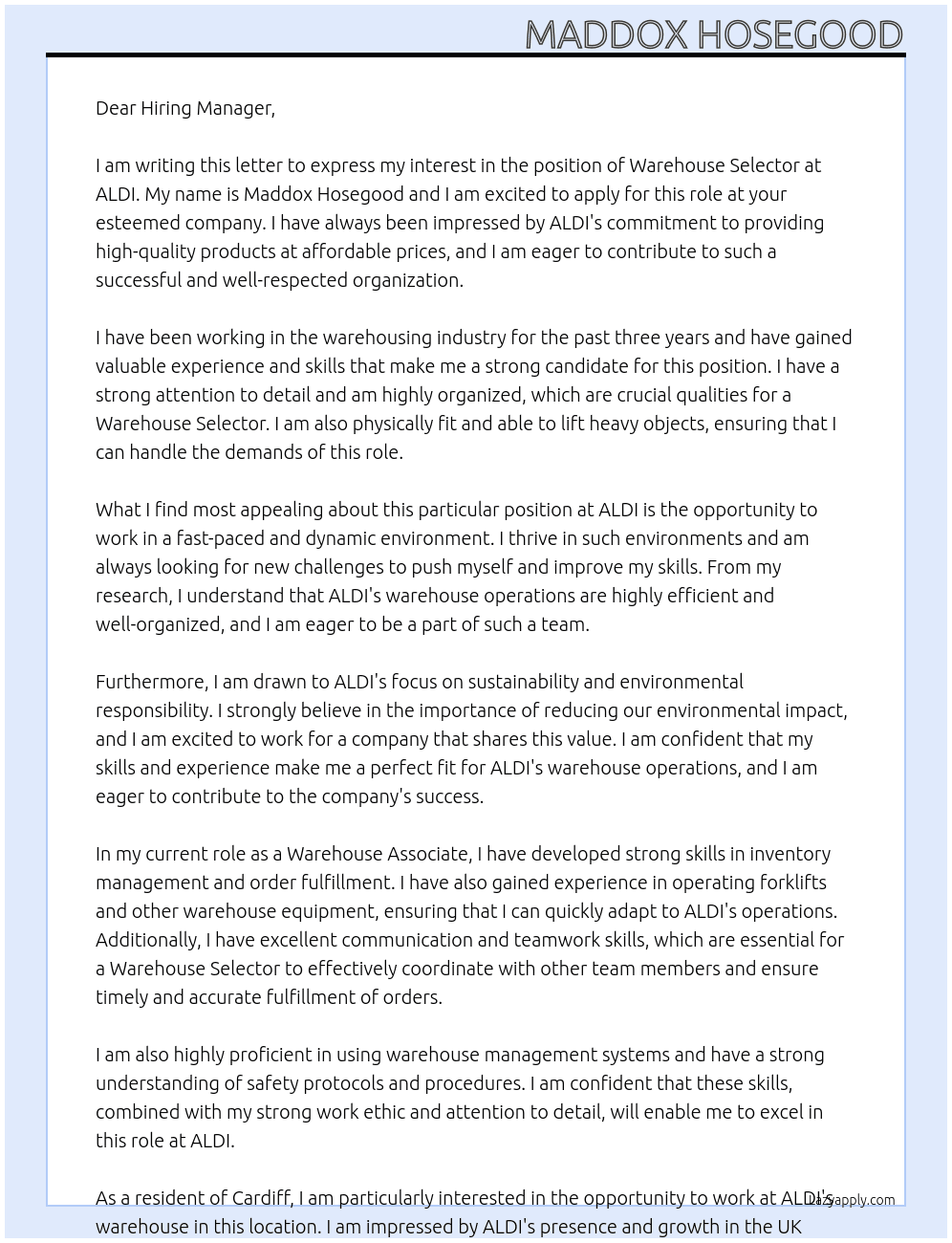 Warehouse Selector At ALDI Cover Letter