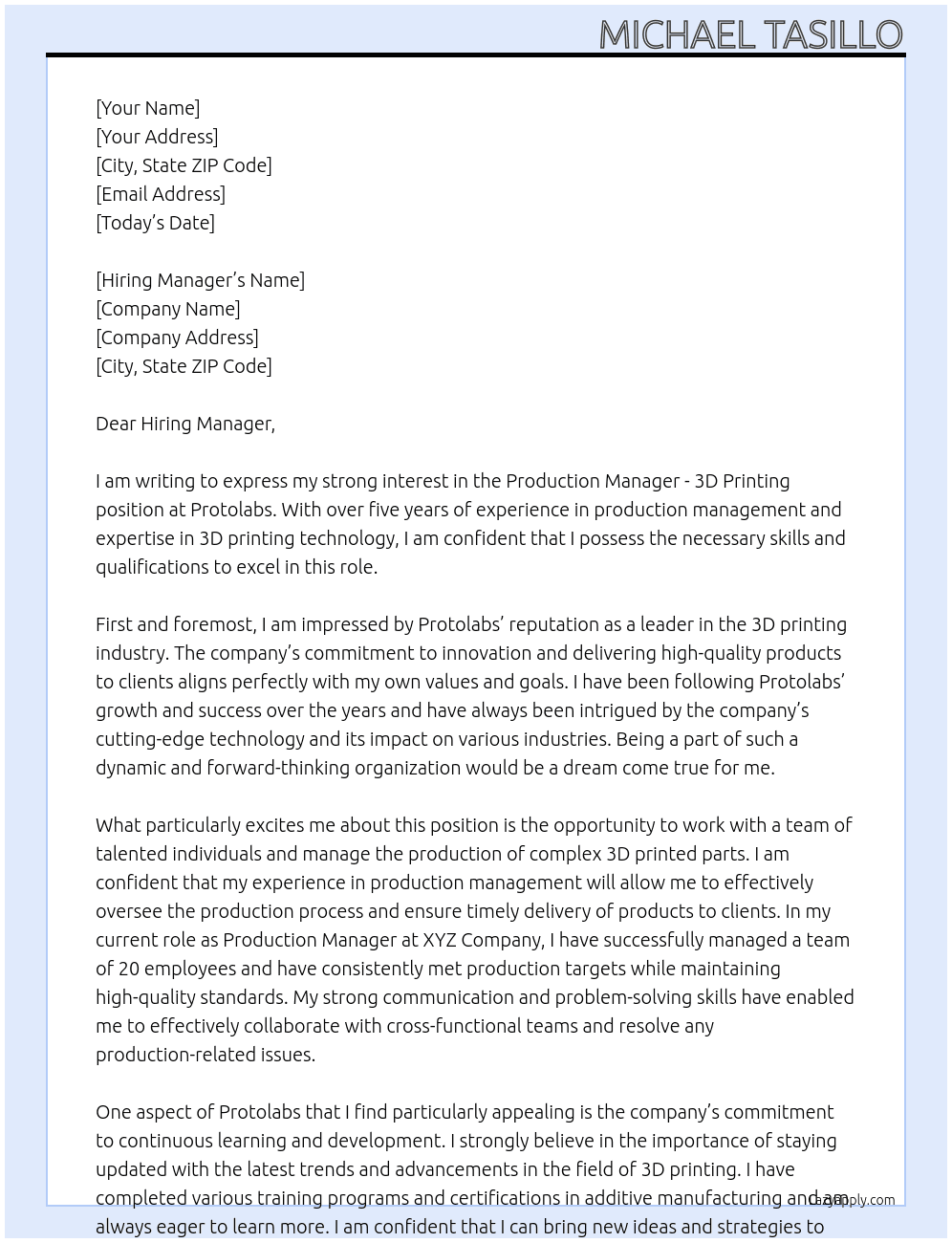 Production Manager - 3D Printing At Protolabs Cover Letter