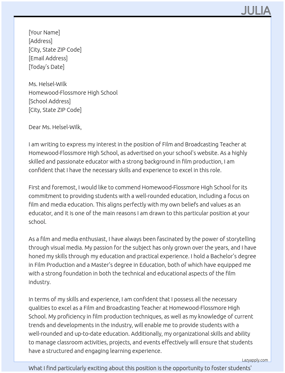 Film and Broadcasting Teacher At Homewood-Flossmore High School Cover Letter
