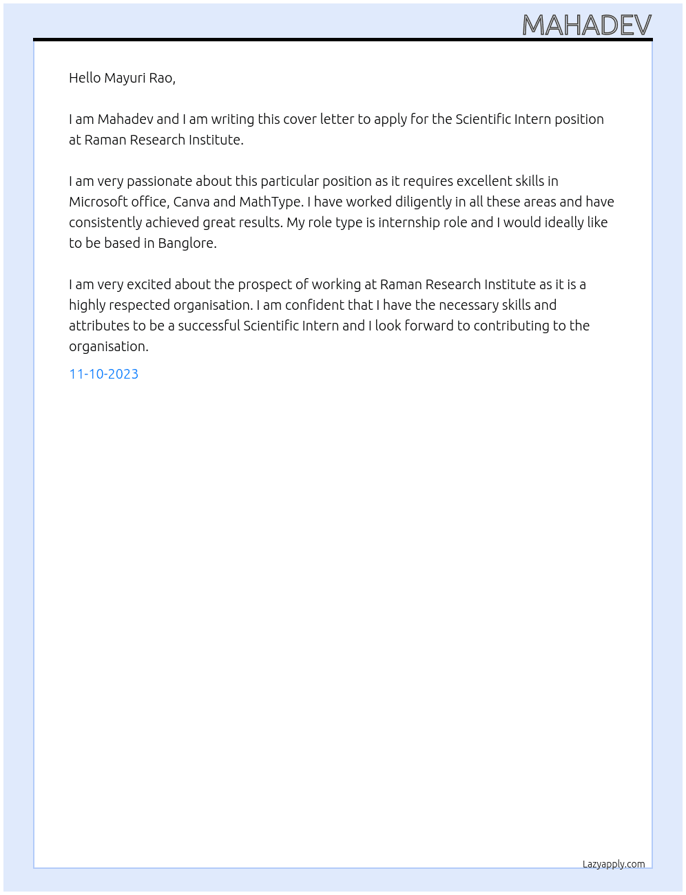 Scientific Intern At Raman Research Institute Cover Letter