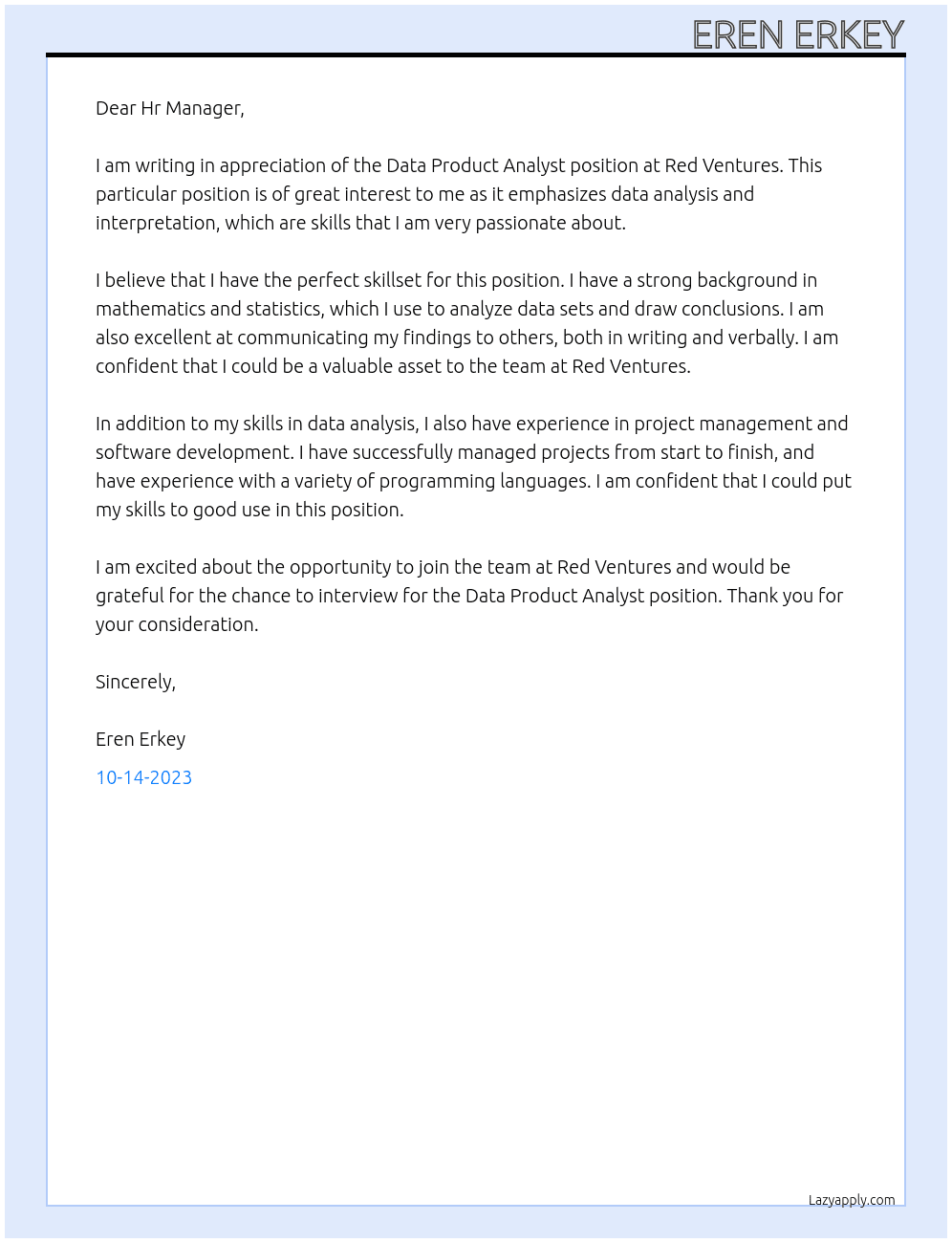 Data Product Analyst At Red Ventures Cover Letter