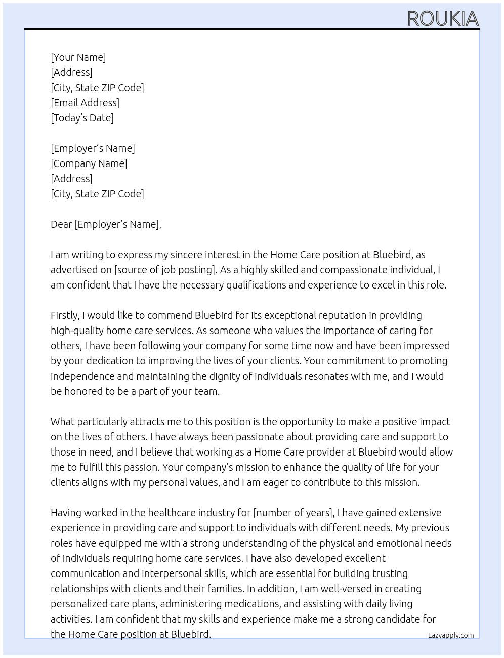 home care At bluebird  Cover Letter