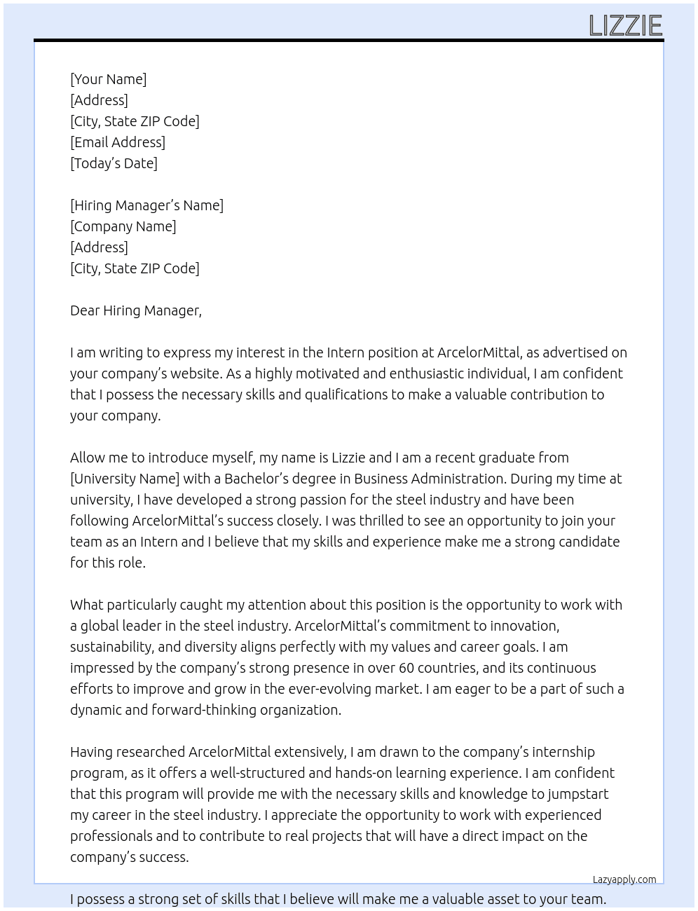 Intern At ArcelorMittal Cover Letter