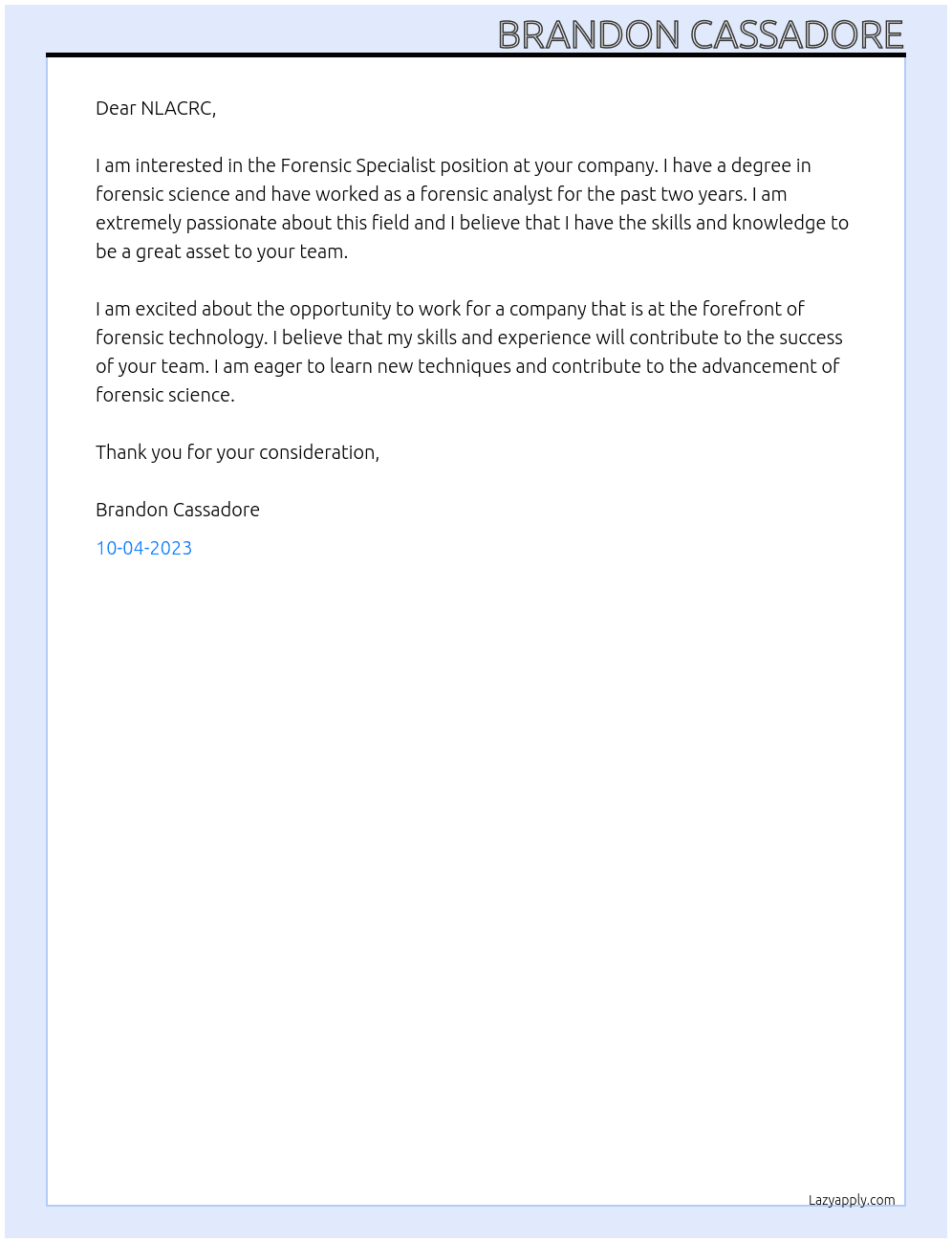 Forensic Specialist At NLACRC Cover Letter
