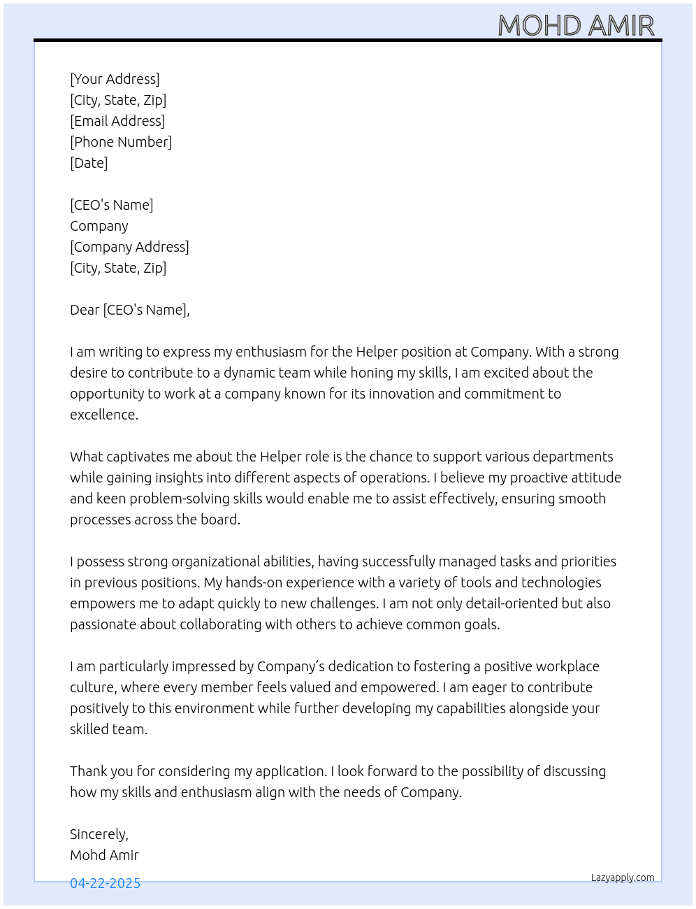 Helper At Company  Cover Letter