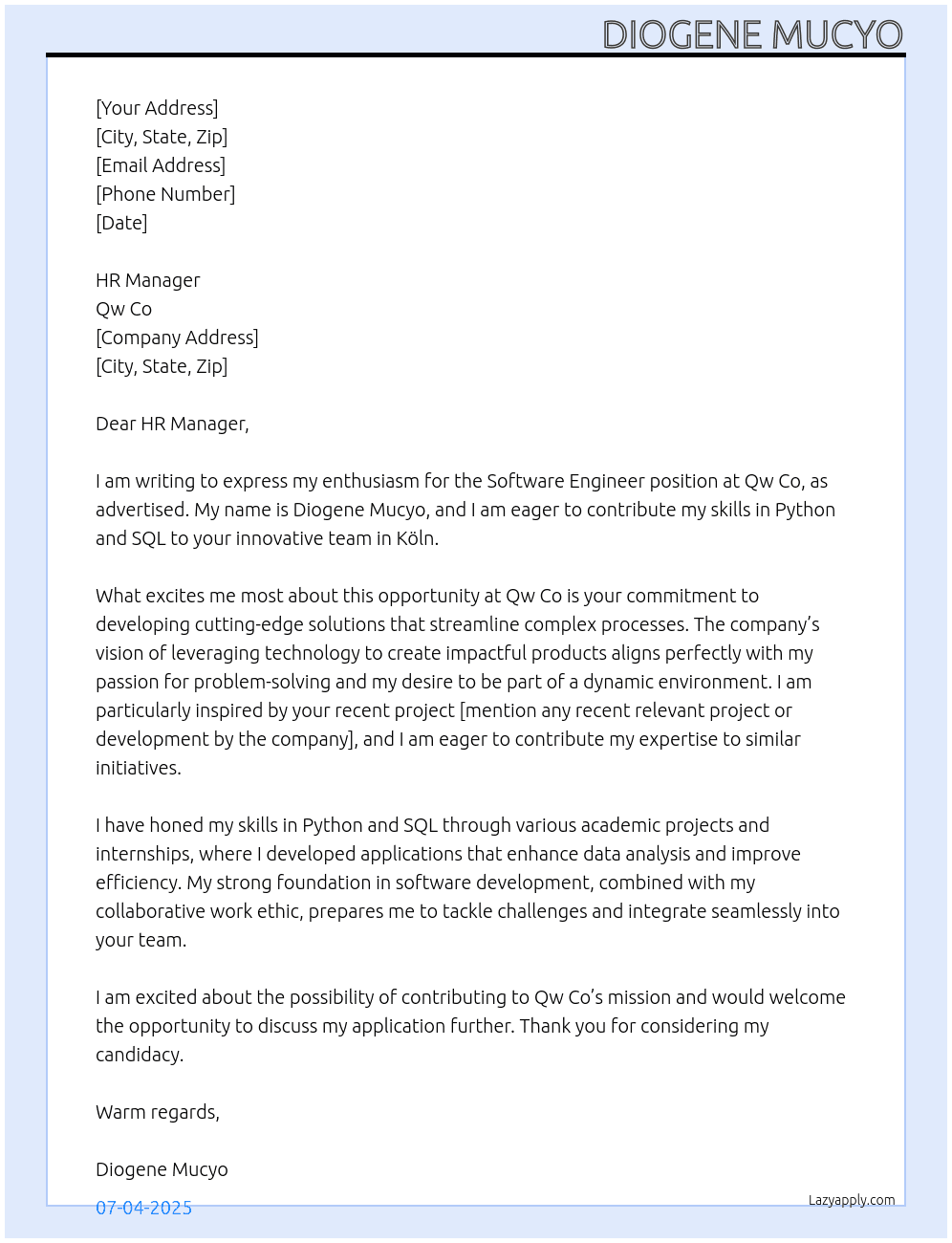 Software engineer  At Qw co Cover Letter