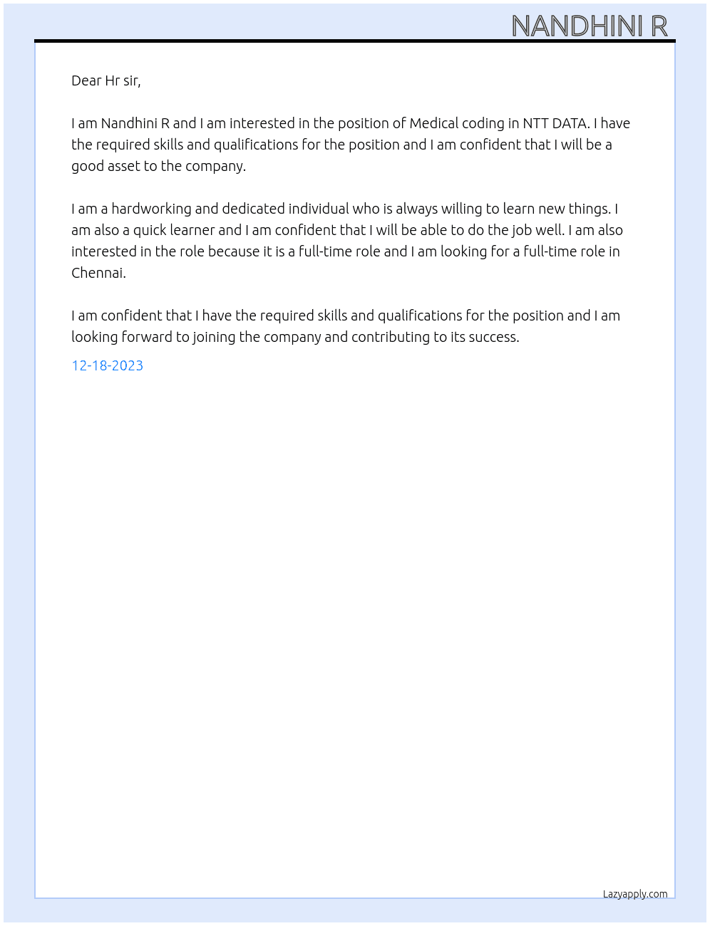Medical coding  At NTT DATA  Cover Letter