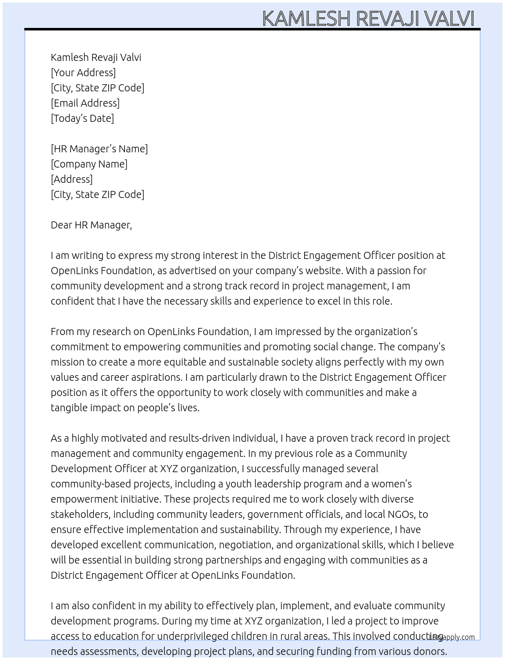 District Engagement officer  At OpenLinks Foundation  Cover Letter