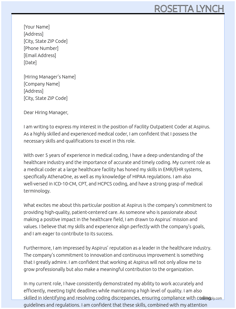 FACILITY OUTPATIENT CODER At ASPIRUS Cover Letter