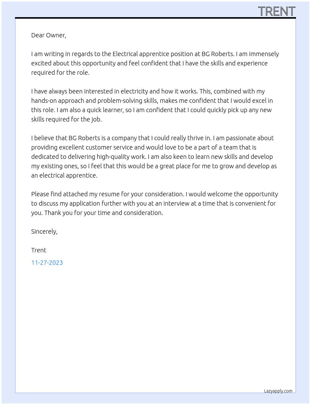 Electrical apprentice  At BG Roberts Cover Letter