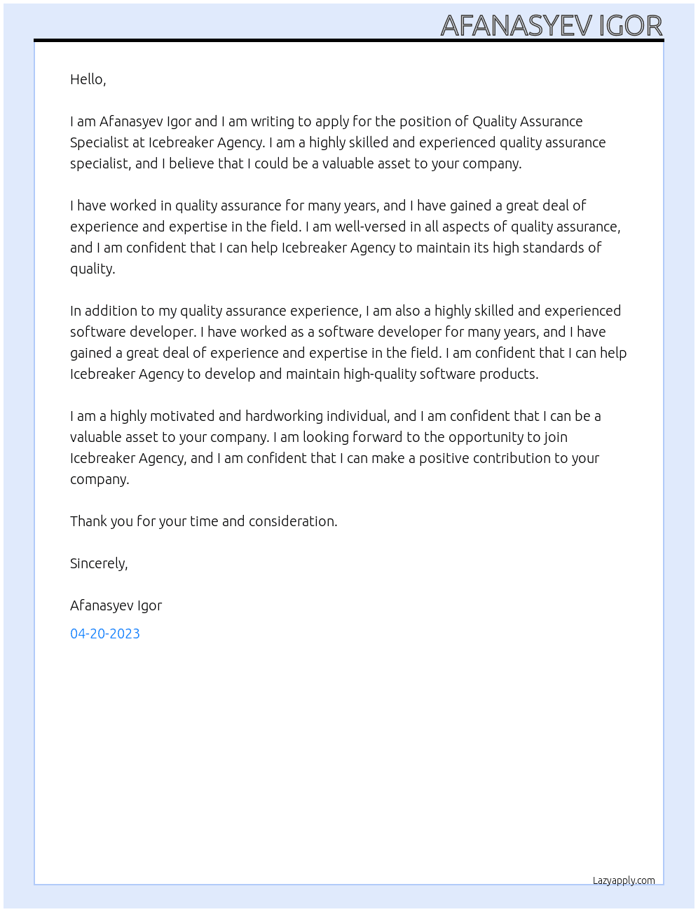Quality Assurance Specialist At Icebreaker Agency Cover Letter