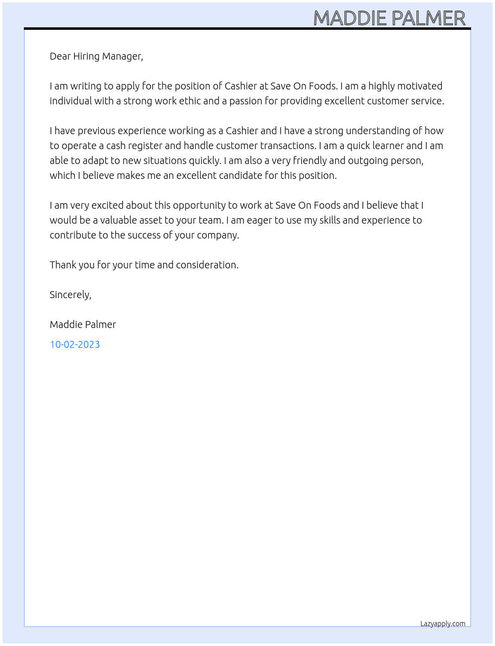 Cashier  At Save On Foods  Cover Letter