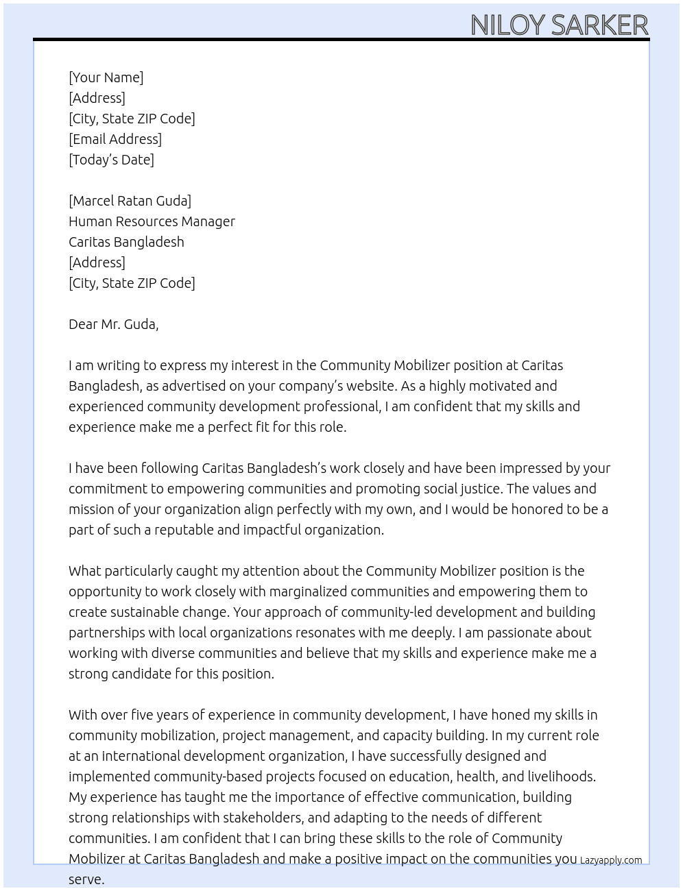 community mobilizer At Caritas Bangladesh Cover Letter