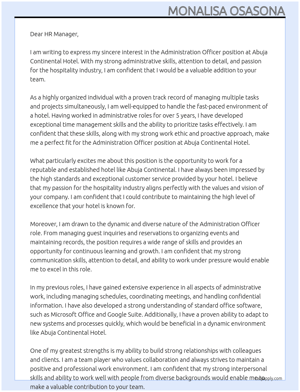 Administration Officer At Abuja Continental Hotel Cover Letter