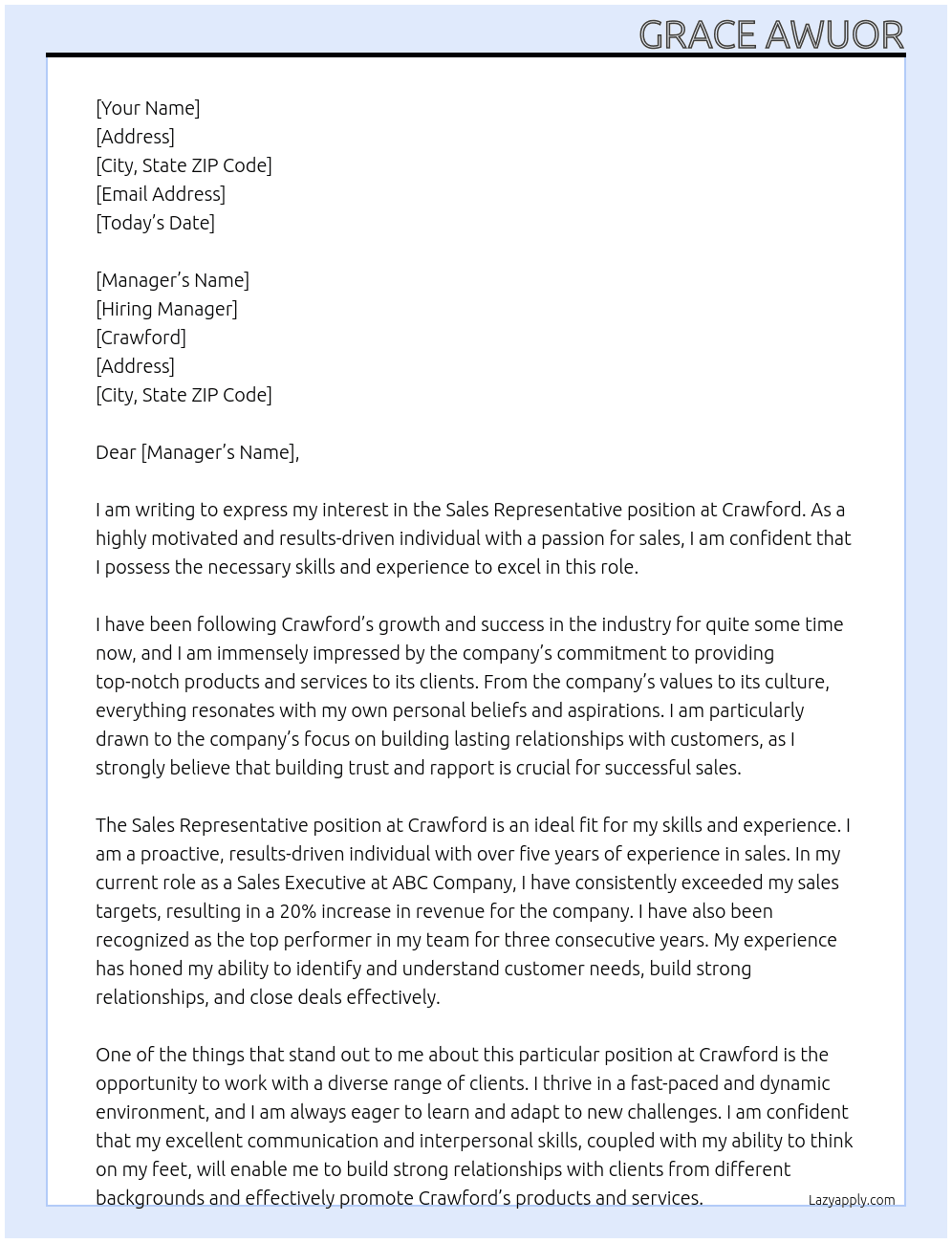 sales representative  At crawford Cover Letter