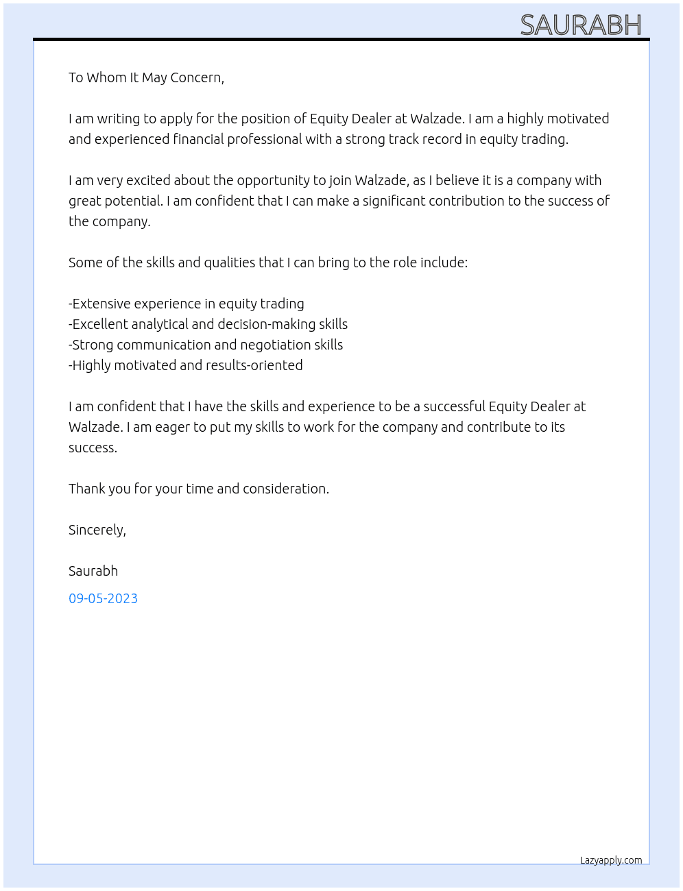 Equity delar At Walzade Cover Letter