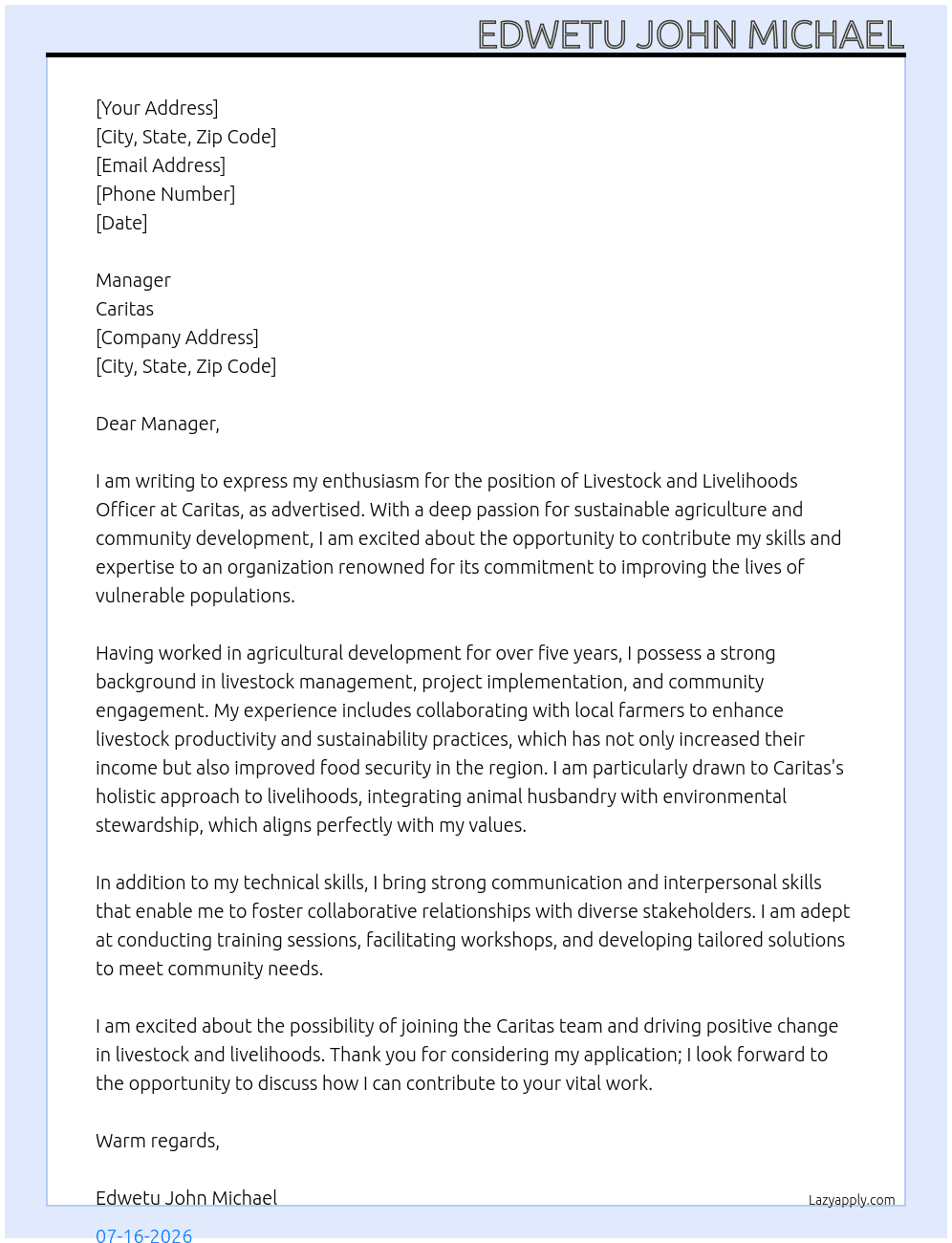 livestock and livelihoods officer At caritas Cover Letter