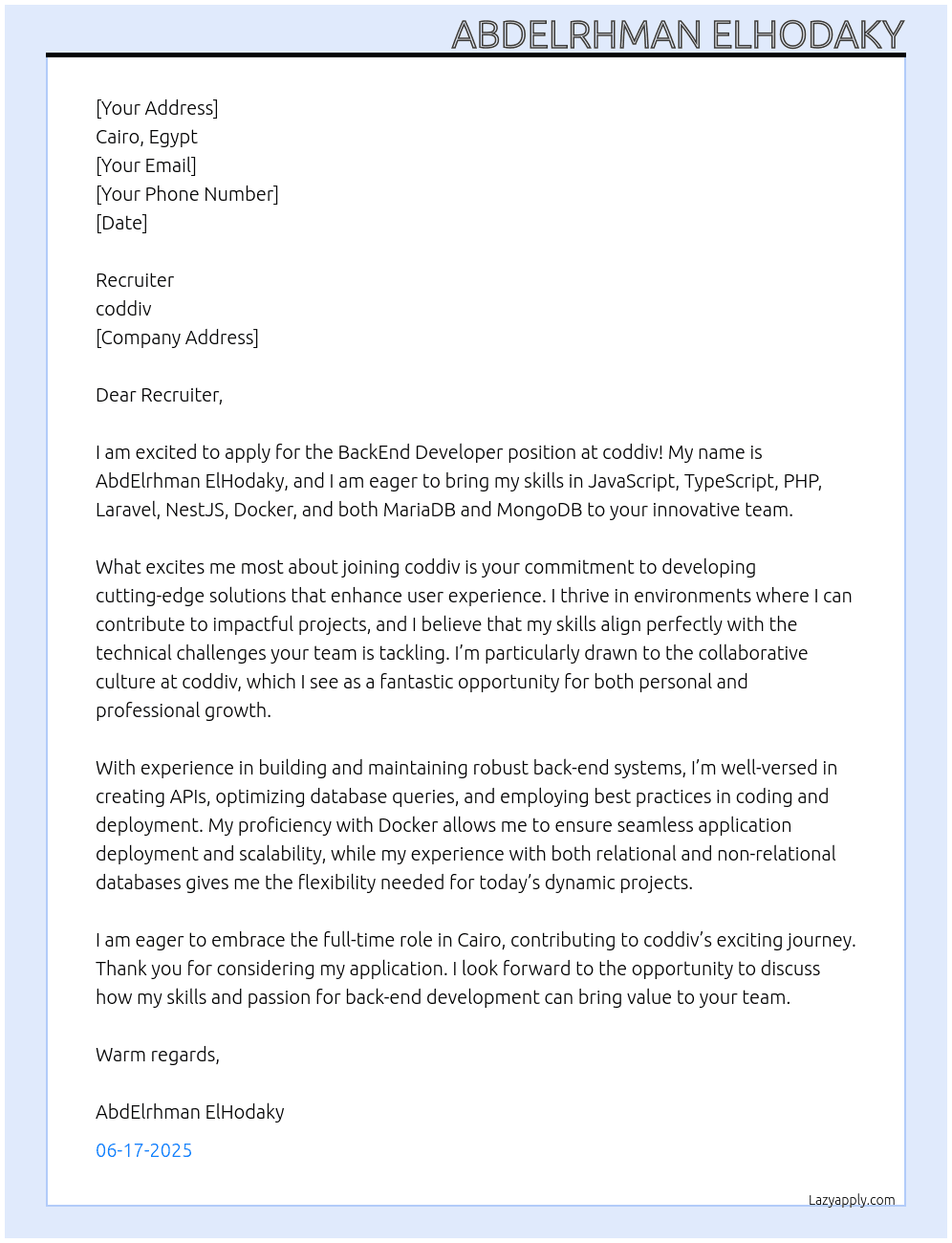 BackEnd Developer  At coddiv Cover Letter